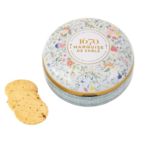 Marquise de Sablé | Confezione in metallo di Biscotti, 175 di sablés francesi al burro | con gocce di Caramello salato | Confezione Regalo | Selezione 18 Carati