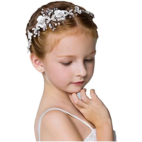 IYOU Princess White Flower Headpiece Pearl Hair Dress Crystal Bridal Wedding Hair Accessories for Girls Cover