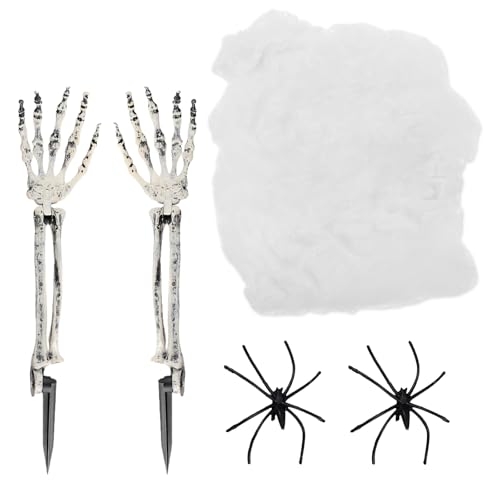 LZPLJLWS Decoración de Halloween Manos Esqueleto tamaño Real 2 Unidades + 2 arañas + telaraña sintética, 46x9cm, Uso Exterior/Interior jardín césped terrorífico