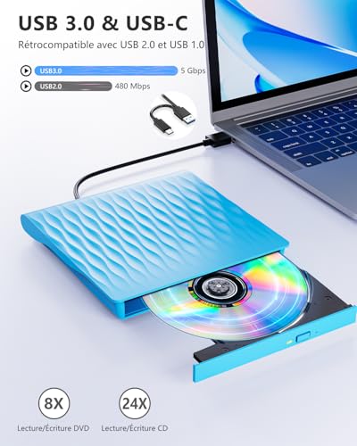 Lecteur CD DVD externe pour PC portable graveur USB 3.0 universel compatible Linux et Windows - 3
