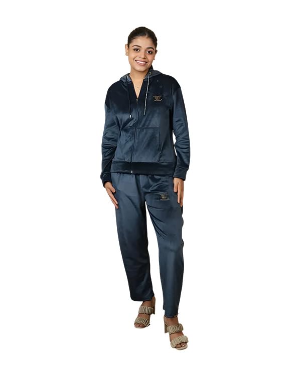 fashiontownie Women's Velvet Co-ord Set, Royal Blue, Free Size, Supersoft Stretchable Fabric, Hoodie with Zipper, Fits S to L-picture-32