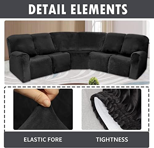 Recliner Slipcover, L Shape Sectional Recliner Sofa Covers, 5 Seater Velvet Stretch Reclining Couch Covers for Reclining L Shape Sofa, Slipcovers Thick, Soft, Washable (Black, 5 Seater Velvet)