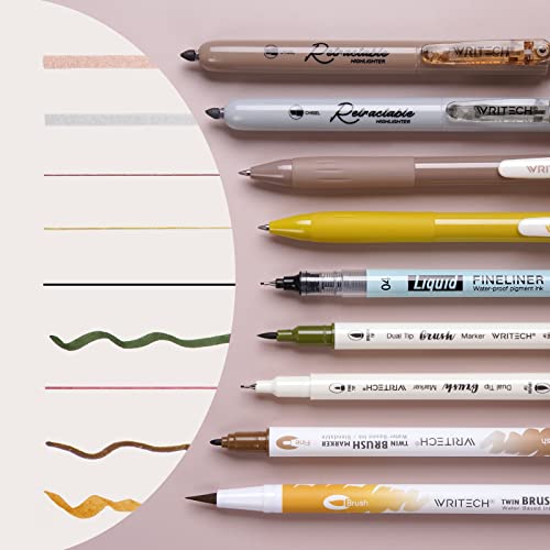 Image of WRITECH Journaling Gel Pens Highlighters: 0.5mm Fine Point Retractable Gel Ink Pen Assorted Colored Highlighter Fineliner Multicolor Dual Tip Brush Marker Bulk Extra Smooth No Bleed 9ct (Earth Tone)