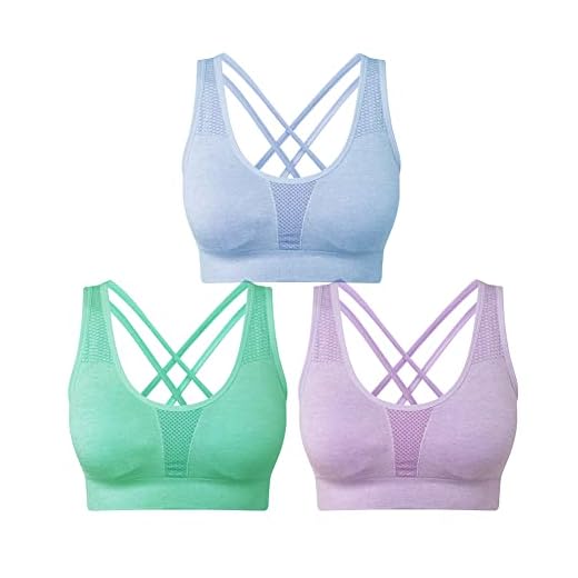 SEGRILA Sujetadores Deportivos para Mujer, Paquete de 3 brasieres de Yoga con Espalda entrecruzada y Apoyo Medio con Almohadillas extraíbles, Azul y Morado y Verde, Medium