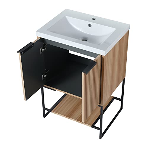 Voohek 24 Inch Freestanding Bathroom Vanity With Sink, Storage Cabinet With 2 Stripes-Line Drawers, Maple #TOP3
