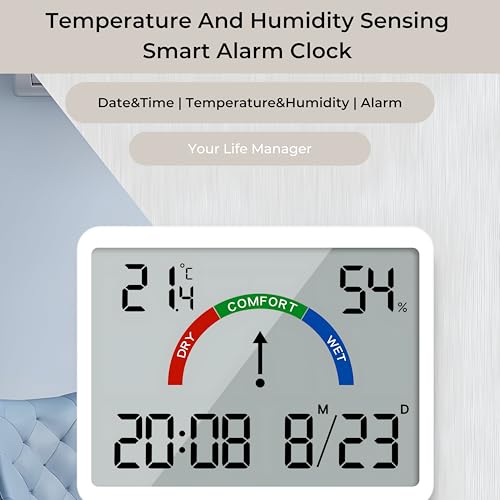 Image of DeWire 3-in-1 Digital Hygrometer Thermometer Alarm Clock - Smart Room Monitor with Comfort Indicator, Date & Time Display, Multiple Mounting Options for Home, Office, Baby Room - White