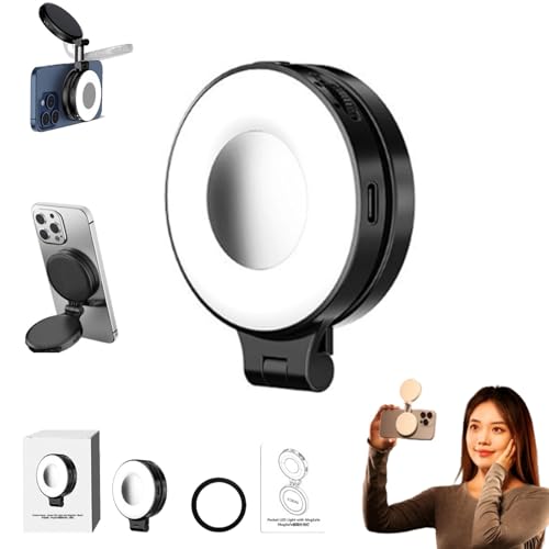 3-in-1 Magnetic Beauty Selfie Light per Phones 2025 New Foldable & Rechargeable LED Fill con Mirror Portable LED Lights per Makeup Selfies nero