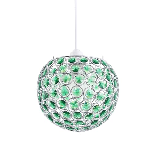 Modern Round Globe Easy Fit Pendant Shade with Small Forest Green Acrylic Bead Jewels | 18cm Diameter | 60w Maximum | Simple Installation by Happy Homewares - Image 2