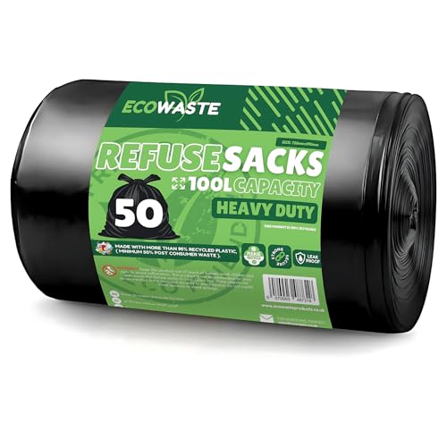 ECOWASTE™ 50 Everyday 100L Large Extra Heavy Duty Strong & Secure, Refuse Sacks, Bin Bags, Bin Liners, Flat Top, Recycled, Tear Resistant, 35 μm, Perfect for Everyday Use, Household, Kitchen