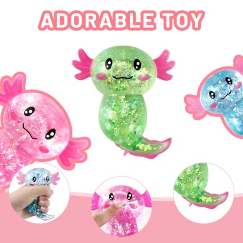 3 Stück Axolotl Squeeze Stress Spielzeug– Stressabbau & Entspannung, Glitzernde Axolotl Antistress Spielzeug Squishy, Squishy Squeeze Toys, Fidget Toys(Grün, Blau, Pink) für Kinder Erwachsener