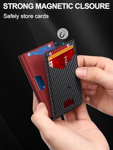 Image of Wallet for Men, Slim Minimalist Wallet with Money Clip&ID Window, RFID Blocking Pop-Up Credit Card Holder, Smart Auminum Mens Wallet Holds 9-13 Cards (Gift Box) (Carbon Fiber & Red)