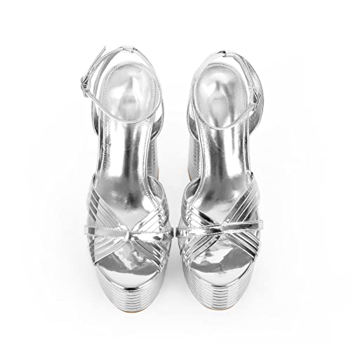 Onlymaker Women's Summer Round Open Toe Ankle Strap Sandals Ribbed Side Buckle Metallic Platform Heeled Sandals Silver Size 6 #TOP4