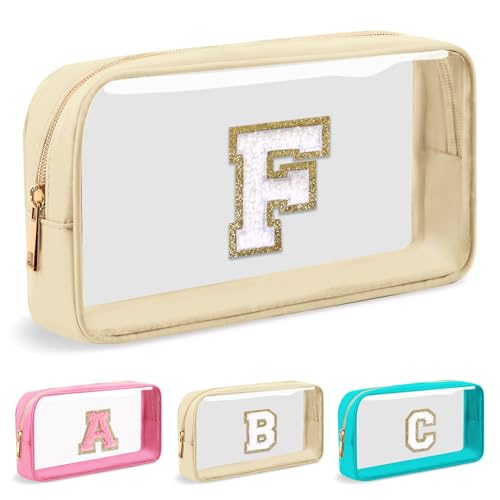 Personalized Initial Letter Clear Makeup Bag,Preppy Small Nylon&PVC Cosmetic Zipper Bag with Chenille Letter,Portable Beach Travel Skincare Toiletry Bag,Trendy Monogram Gift for Teen Girls Women,F