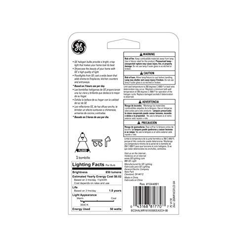 Ge Halogen Flood Light Bulb, Mr16 Flood Light, 50-Watt, 850 Lumen, 2-Pin Gx5.3 Base, Warm White, 1-Pack, Indoor Flood Light Bulb, Recessed Light Bulbs For Indoors #TOP3