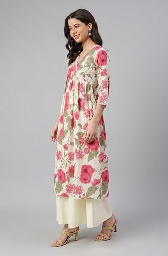 Image of Janasya Women's Pure Cotton Floral Printed Flared Kurta