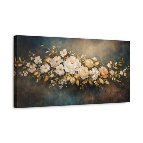 Toile florale or et bleu pour salon moderne | Déco murale 50x25 cm