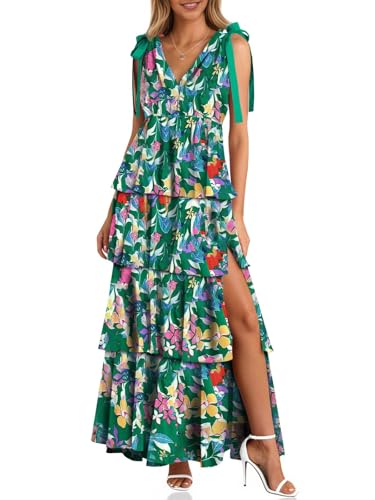 Image of Wenrine Womens Summer Floral Maxi Dress Tie Strap Sleeveless V Neck High Slit Boho Ruffle Tiered Beach Dresses