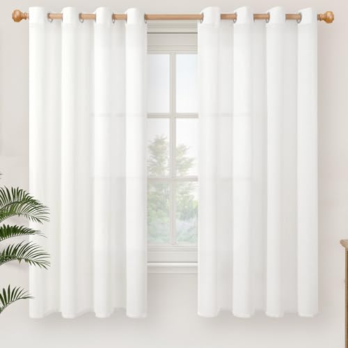 YoungsTex Linen Semi Sheer Curtains 63 Inches Length for Living Room - White Light Filtering Drapes with Grommet Textured Lightweight Window Treatments for Bedroom, 2 Panels, 52 X 63 Inch by YoungsTex - Used condition - US$18.77