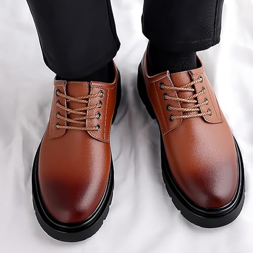Men's Leather Lace Up Platform Oxfords Brown Round Toe Chunky Heel Lug Sole Heightening Soft Bottom Derby Casual Shoes Classic Work Office Business Dress Shoes3
