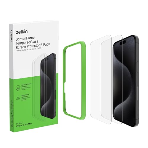 Belkin ScreenForce TemperedGlass antimikrobielle Display-Schutzfolie für iPhone 15 Pro Max, kristallklar, kratzfest, Pos...