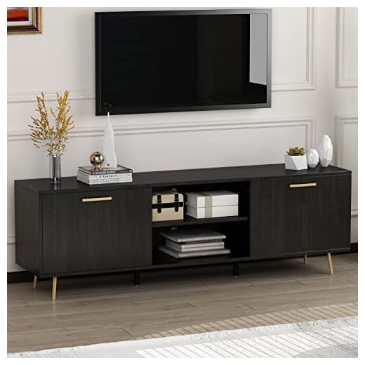 ECACAD Modern TV Stand for TVs up to 75 Inch, Entertainment Center TV Console Table with 2 Doors, 2 Open Shelves & Gold Metal Legs for Living Room, Bedroom, Black Brown (69”L x 15.6”W x 22.4”H)