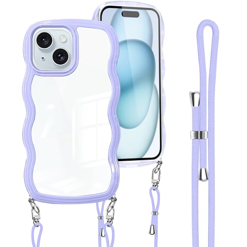iPhone 15 用 ケース クリア ショルダー カバー 首掛け 肩がけ 斜めかけ 紐付き ストラップ付き iphone15ケース 韓国 可愛い かわいい 透明 薄型 軽量 耐衝撃 シリコン TPU バンパー アイフォン 15 スマホケース パープル