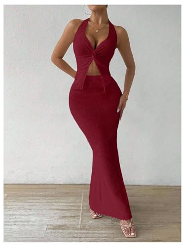 Image of SOLY HUX Women's Two Piece Outfits Twist Front Halter Cami Tops and Skirt Summer Set