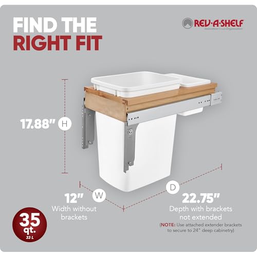 Image of Rev-A-Shelf Single Top-Mount Pullout Trash Can, Min Opening 12 inch W, 35 Qt