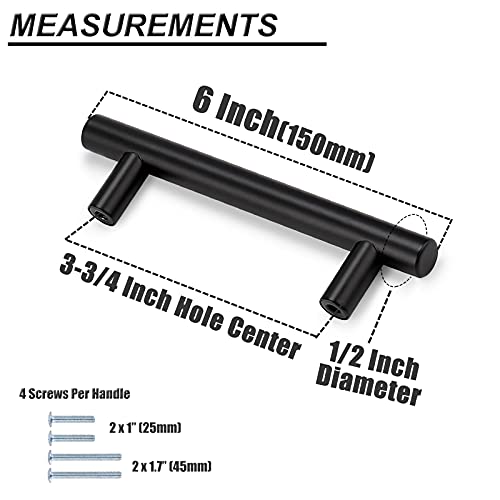 Image of Probrico (25 Pack Flat Black Modern Kitchen Cabinet Pulls 3-3 /4 inch Hole Centers Euro T Bar Stainless Steel Cupboard Dresser Handles