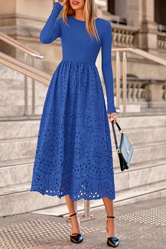 dowerme Women Spring Dresses 2026 Casual Long Sleeve Crewneck A-Line Boho Eyelet Cotton Maxi Wedding Guest Dress Pockets(Blue,Small) — view 4