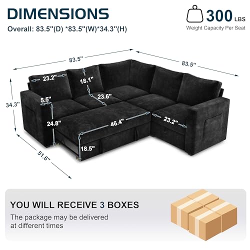 Image of Sectional Corduroy Sleeper Sofa with Pull Out Couc (Black, 5 Seat)