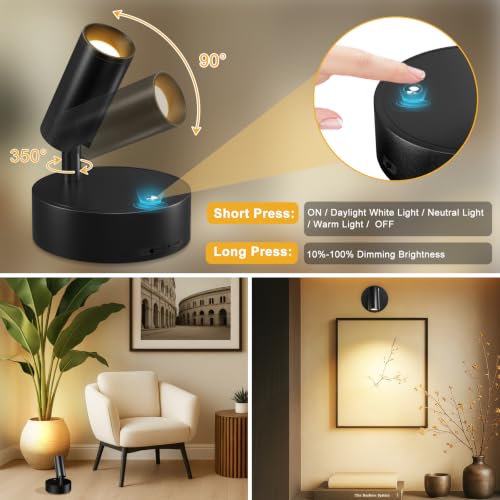 Image of Kimjo Wireless LED Spotlight, Spot Lights Indoor, Uplighting Indoor with Timer and Dimmable, Rechargeable Wall Lights Picture Light Accent Lighting for Plants (2 Pack)