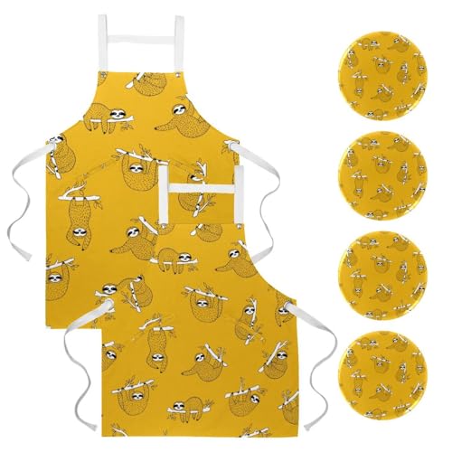 Lot de 2 tabliers de cuisine avec poches et motif paresseux multicolore