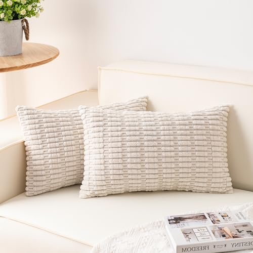 Image of Pack of 2 Corduroy Decorative Throw Pillow Covers 12x20 Inch, Cream White | Fall Soft Striped Pillow Covers Modern Farmhouse Home Decor Christmas Throw Pillow Covers for Sofa Living Room Couch Bed