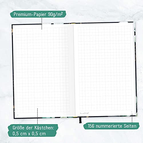 Trendstuff by Häfft - Cuaderno cuadriculado A6+ con banda de goma [flor de luz de luna] con 156 páginas, 78 hojas, cuaderno de notas, diario Bullet Journal | sostenible y climáticamente neutro