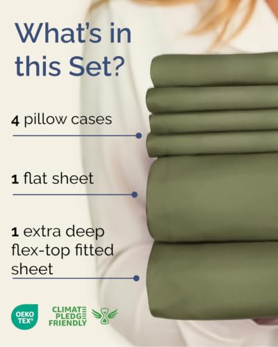 Image of Extra Deep Flex Top Split Head King Sheet Set - 6 Piece Breathable and Cooling Sheets - Hotel Luxury Bedding for Women, Men, Kids & Teens - Easy Secure Fit - Extra Deep Pockets - Sage Green