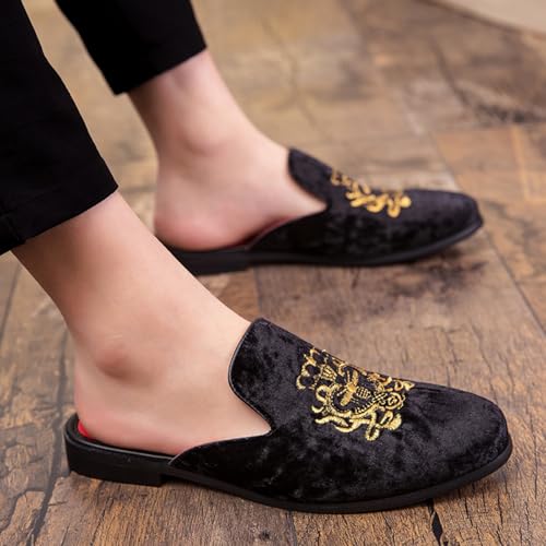 Mens Fashion Velvet Embroidery Slip-On Backless Mule Smoking Slippers Breathable Non-Slip Casual Dress Shoes Luxury Dress Wedding Party Prom Shoes4
