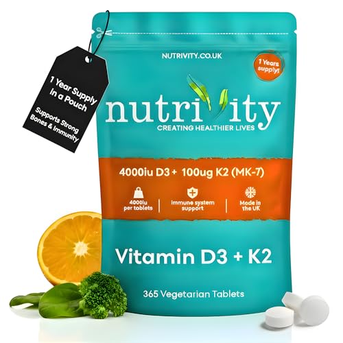 Vitamin D3 4000 IU & K2 100µg (MK-7) – 365 Vegetarian High Strength D3 and K2 Vitamin Tablets for Bone, Muscle & Immune Support – Gluten & Sugar Free, Easy to Swallow, Non-GMO, UK Made