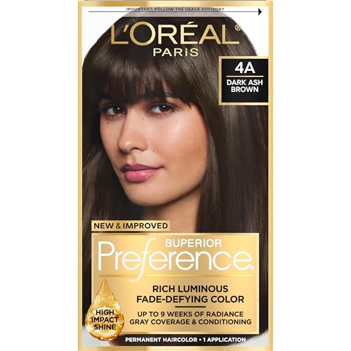 L'Oreal Paris Superior Preference Luminous Fade-Defying Permanent Hair Color, Hair Dye For Up to 9 Weeks of Radiance, Dark Ash Brown 4A, 1 Hair Dye Kit