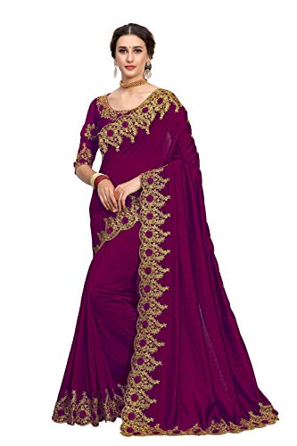 Nivah Fashion Damen Satin-Stickerei Saree mit Blusenteil (K863), violett, One size Cover