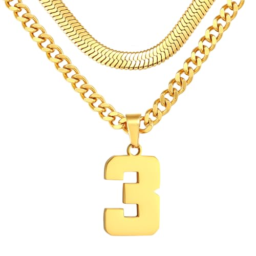KLIFOWDY Number Necklace, Layered Necklace for Men, Jersey Number Necklace for Boy Athlete, 18+20 In Gold Chain for Men With Number 3 Pendant, Basketball Football Baseball Number Necklaces for Boys