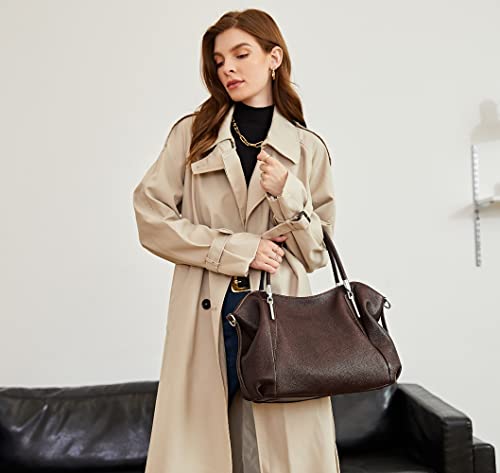 Image of HESHE Leather Shoulder Purses for Women Tote Handbags Satchel Hobo Handbag | Designer Genuine Leather Travel Top Handle Work Bag Ladies Crossbody Purses Adjustable Straps Large Capacity Zippered Closure