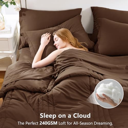 Image of CozyLux King Size Comforter Set Brown - 7 Pieces Bed in a Bag, Modern Vertical Quilted Room Decor, Soft All-Season Bedding Gift with Comforter, Sheets, Pillowcases & Shams