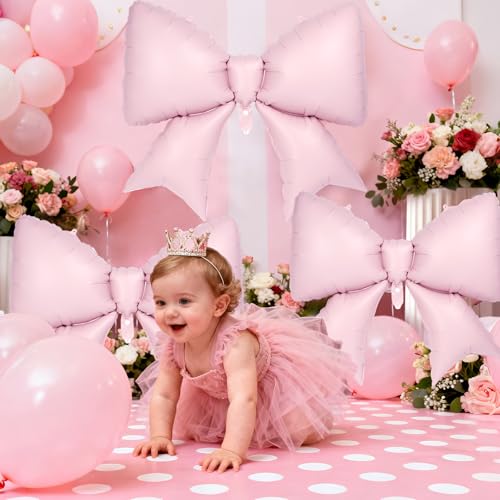 Image of 12 Pcs 18 Inch Heart Balloons and 38 Inch Bow Balloons, Large Foil Bow Heart Balloon Bow Party Decorations for Birthday Baby Shower Valentines Wedding Party