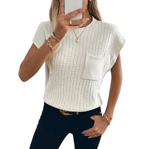 Womens Short Sleeve Sweaters Summer Cap Sleeve Tops Casual Crewneck Oversized Lightweight Knit Sweater Vest