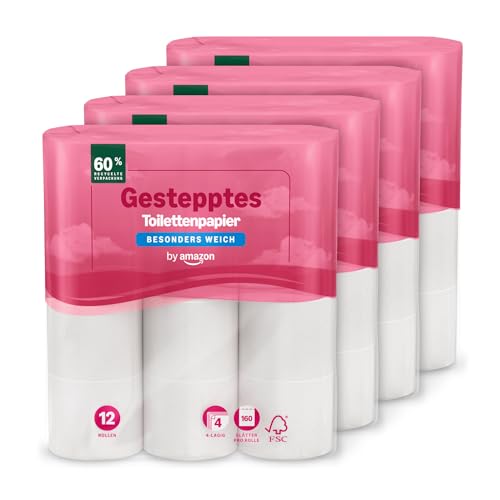 by Amazon Toilettenpapier, 4-lagig Gestepptes, Besonders Weich, 48 Rollen (12 Rollen, 4-er Pack), 160 Blätter pro Rolle, FSC-Zertifiziert
