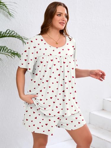 AusLook Women's Plus Size Pajama Sets Short Sleeve Top and Shorts Scattered Heart Pattern 3X Casual Comfy Soft Ladies Short Pajamas Set Loungwear Sleepwear Pjs Set 2 Piece Lounge Set with Pockets — view 5