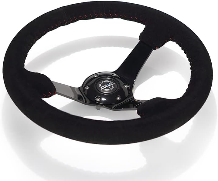 NRG Innovations NRG-RST-036BK-S Reinforced Steering Wheel 350mm Diameter Sport Steering Wheel (3' Deep) Black Suede With Red Baseball Stitching - BLACK Spoke