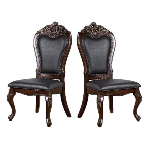 BOWERY HILL Faux Leather Side Chairs, Dark Cherry Finish, Set of 2, Solid Wood Construction, Upholstered Seats, Traditional Style with Carved Details and Nailhead Trim, Dining Room Seating, 23 W x