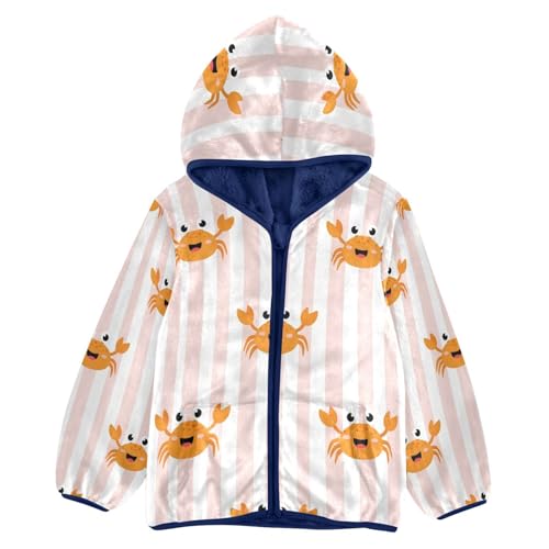 Crab Pattern on Stripes Toddler Fleece Jacket Girl Boys Hooded Fleece Jacket Coat Warm Outwear Zip-up 3-10T